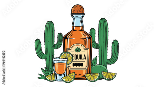 Mexican tequila illustration featuring a bottle with a lime garnish a shot glass and tall saguaro cacti in a traditional desert landscape.