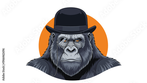 Sophisticated gorilla character illustration wearing a black bowler hat and a golden monocle against an orange circular background graphic.