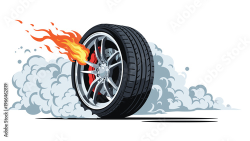 High performance car wheel illustration featuring a spinning tire with flames and thick clouds of smoke for racing and automotive speed themes.