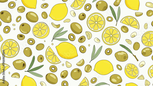 Seamless pattern featuring vibrant yellow lemons, olive slices, and green leaves on a white background for food or textile design.