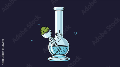 Colorful cartoon illustration of a glass water pipe or bong filled with blue liquid and packed with green herbal cannabis buds.