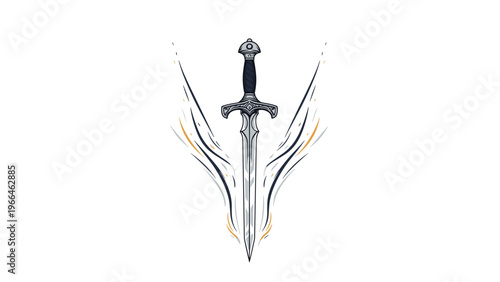 Ornate medieval sword or fantasy dagger with a decorated hilt and blade surrounded by flowing artistic lines on a white background.