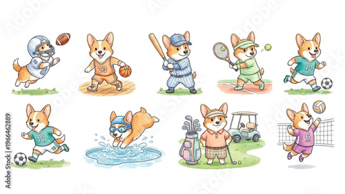   Set of funny cartoon cute Shiba Inu animals in playful sports vector style featuring smiling characters for kids toy illustration collection
