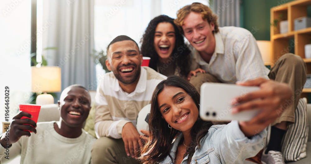 Obraz premium Happy people, friends and memory with selfie in home for live soccer game, match or social together. Excited, group or sport fans with smile for photography, picture or fun entertainment in house