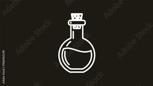 Simple white line icon of a round glass potion bottle with a cork stopper and liquid inside on a solid dark brown background for gaming.