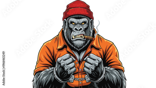 Illustration of a muscular gorilla wearing an orange prison jumpsuit and handcuffs while smoking a cigar and looking tough for branding.