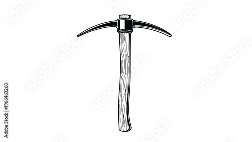 Traditional hand tool illustration of a pickaxe with a wooden handle and sharp metal head for mining, construction, or gardening work.