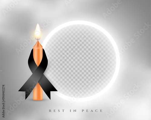 realistic burning memorial candle with black ribbon and glowing photo frame