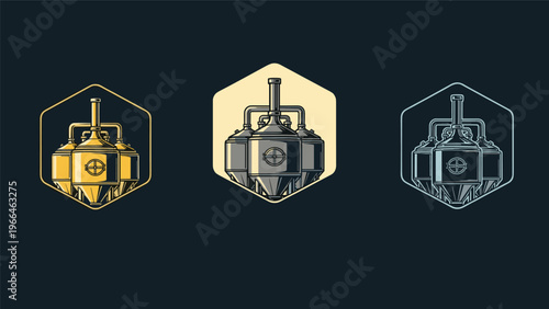 Collection of three brewery logos featuring industrial beer tanks inside hexagonal frames with different color schemes for craft beer brands.