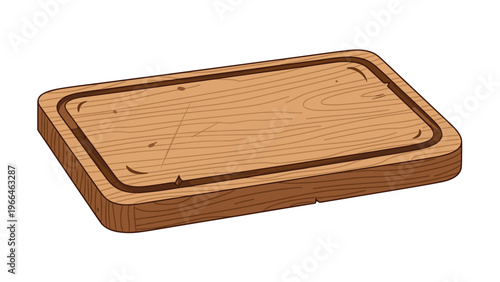 Perspective view of a rectangular wooden cutting board or serving tray with a juice groove and visible wood grain texture for food preparation.