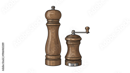 Pair of traditional wooden salt and pepper mills with detailed grain texture and metallic components for kitchen and dining tabletop accessories.