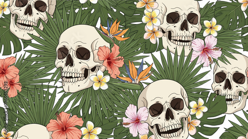 Tropical seamless pattern combining human skulls with exotic green palm leaves, colorful hibiscus, and frangipani flowers on a white background.