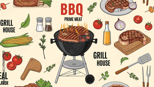 Seamless pattern of barbecue elements including a kettle grill with steaks, various vegetables, condiments, and utensils on a light background.