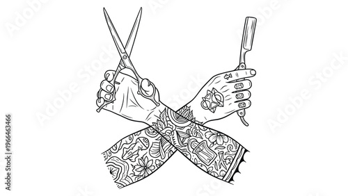 Hand drawn illustration of two tattooed arms crossed, with one hand holding hair scissors and the other holding a traditional straight razor.