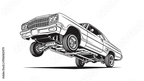 Dynamic black and white illustration of a classic lowrider car performing a hydraulic hop with its front wheels high in the air for culture.