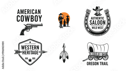 Western heritage and cowboy themed icon set with a revolver, a saloon emblem, an arrow, and an Oregon trail covered wagon illustration.