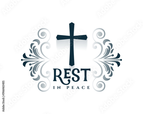 rest in peace mourning background with christian cross and floral ornaments