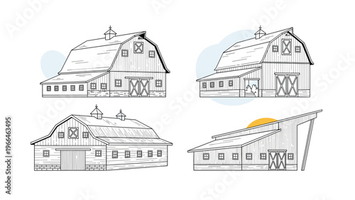 Set of four different barn styles including traditional gambrel and modern shed designs shown as detailed sketches for agricultural themes.