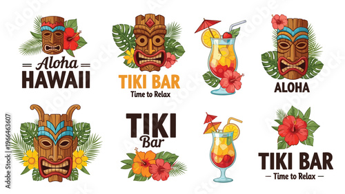 Set of tiki bar and Hawaii themed labels featuring tribal masks, tropical cocktails, and hibiscus flowers for summer party designs.