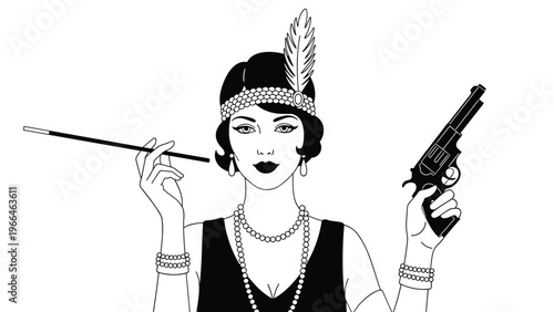 Elegant flapper girl from the 1920s era holding a long cigarette holder and a revolver pistol in a black and white fashion illustration.