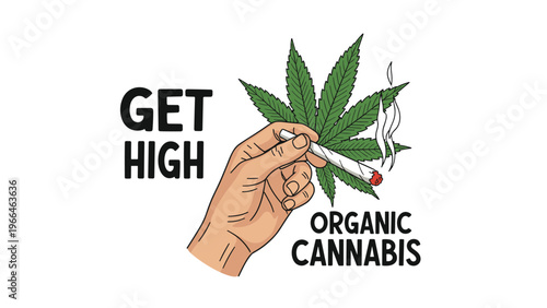 Human hand holding a rolled organic cannabis joint in front of a green marijuana leaf for medical or recreational use illustration.