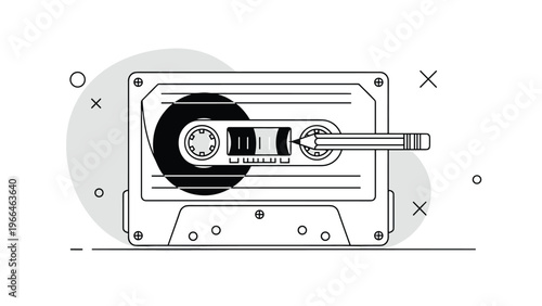 Retro audio cassette tape being rewound with a wooden pencil in a minimalist black and white line art illustration of nineties nostalgia.