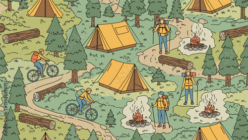 Detailed pattern of a forest campsite featuring hikers, mountain bikers, tents, and campfires for outdoor adventure and travel themes.
