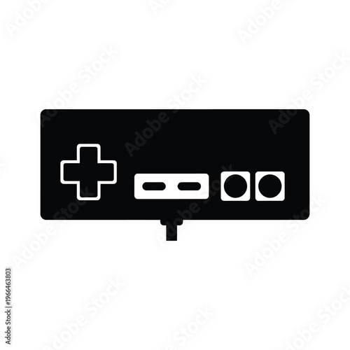 Black game controller with white buttons on white background