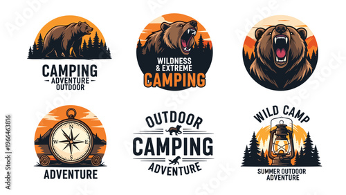 Set of outdoor adventure logos featuring grizzly bears, mountain landscapes, a compass, and a lantern for camping and nature lovers.