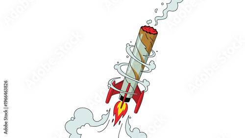 Creative illustration of a large marijuana joint taking off like a space rocket with smoke clouds and fire for cannabis culture themes.