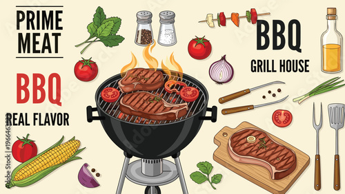 Extensive collection of barbecue elements including a grill, steaks, vegetables, tools, and spices for restaurant menu and party designs.