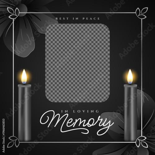 funeral memorial photo frame with black candles and flowers
