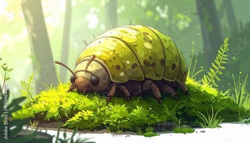 Whimsical Beetle on Mossy Hill in Enchanted Forest Illustration.