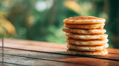 Stack of Golden Pancakes on Rustic Wooden Table with Outdoor Breakfast Bliss.