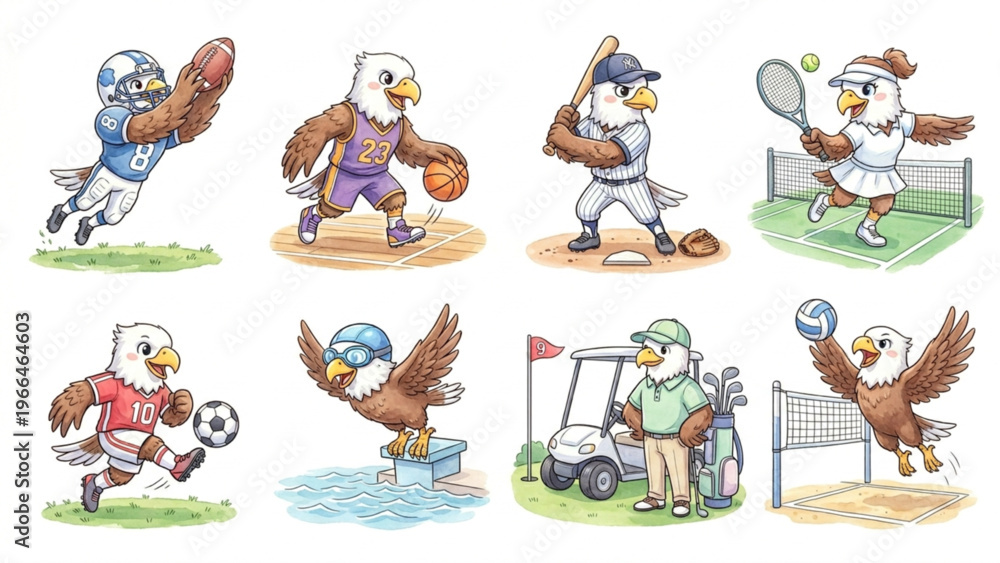 Naklejka premium Set of funny cartoon cute Eagles animals in playful sports vector style featuring smiling characters for kids toy illustration collection