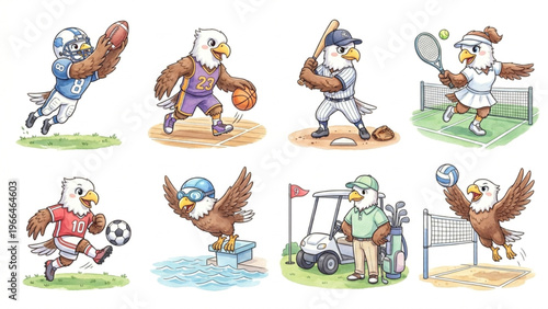  Set of funny cartoon cute Eagles animals in playful sports vector style featuring smiling characters for kids toy illustration collection