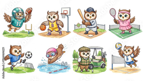  Set of funny cartoon cute Owl animals in playful sports vector style featuring smiling characters for kids toy illustration collection