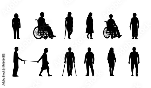 People with disabilities silhouette set inclusive wheelchair crutches cane vector illustration