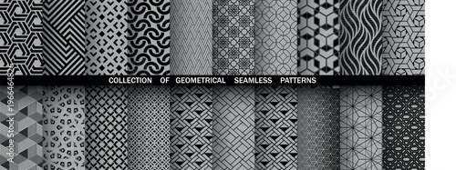 Geometric set of seamless black and gray patterns. Simple vector graphics