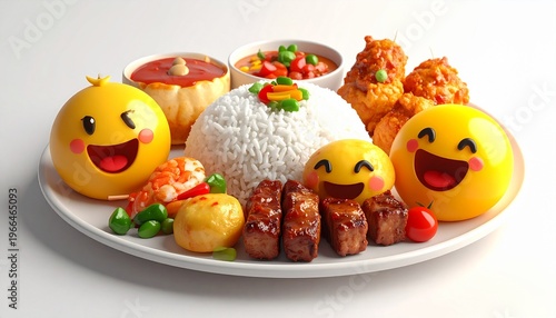 Whimsical Food Plate with Rice, Meat, and Smiling Emoji-Shaped Buns.