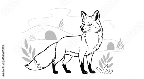 Black and white line art illustration of a wild fox standing in a natural habitat with burrows and plants waiting for coloring.