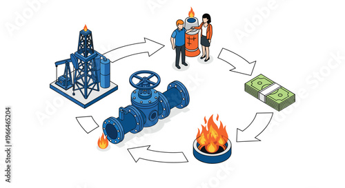 Isometric diagram illustrating the cycle of the oil and gas industry from extraction at a rig to pipeline transport and monetary profit.