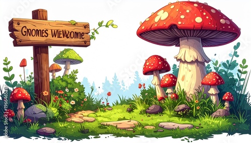 Whimsical Gnome Welcome Sign with Mushrooms and Forest.