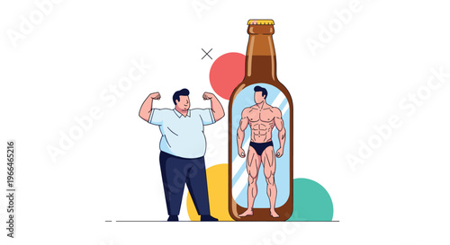 Concept illustration of an overweight man looking at his reflection as a muscular athlete inside a beer bottle representing health goals.