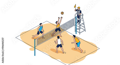 Energetic men playing a beach volleyball game on a sand court with a referee watching from a high stand during a summer tournament.