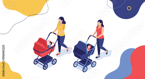 Two women walking side by side pushing strollers with infants on a colorful abstract background representing modern parenting and motherhood.
