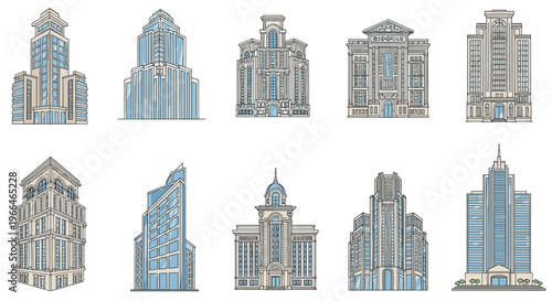 Comprehensive collection of ten diverse architectural building designs ranging from modern skyscrapers to classical city hall structures.