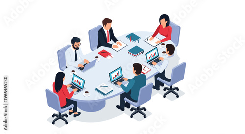 Professional business team conducting a formal meeting around an oval table with laptops and documents for data analysis and collaboration.