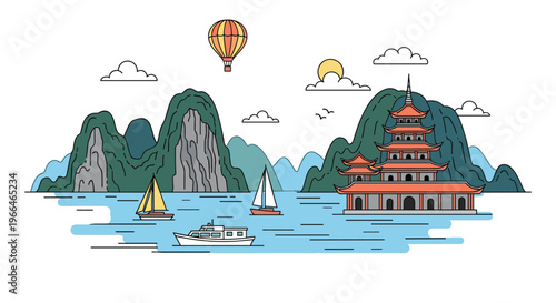 Scenic illustration of Ha Long Bay in Vietnam featuring limestone karst mountains, traditional pagoda, sailboats, and a hot air balloon.