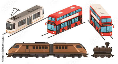 Diverse collection of public transportation vehicles including a modern tram, double-decker buses, a high-speed train, and a classic steam engine.